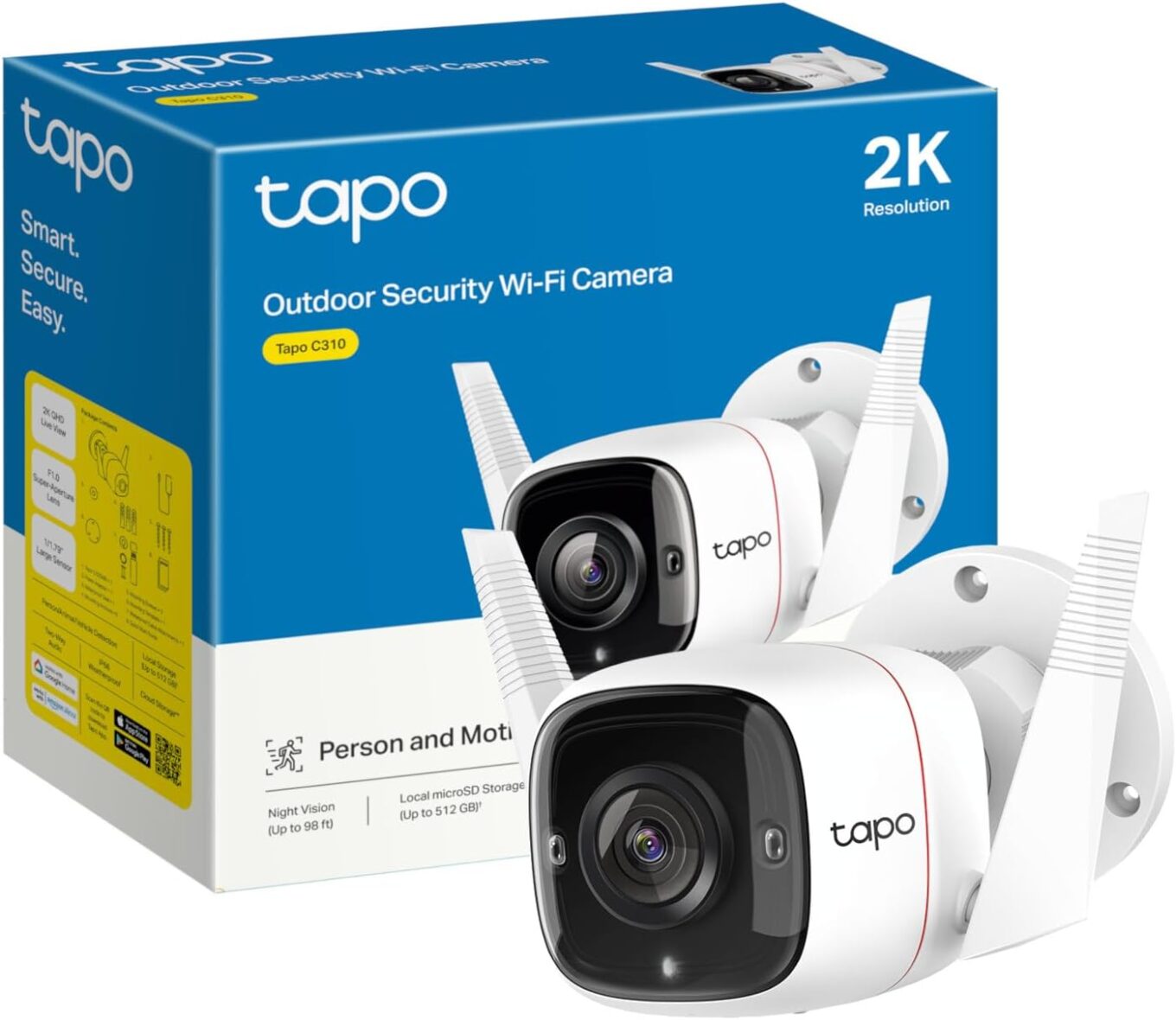 Tapo Caméra Surveillance WiFi extérieur , 2K(3MP), étanche IP66, vision nocturne, Détection de personne et alarme sonore-C310